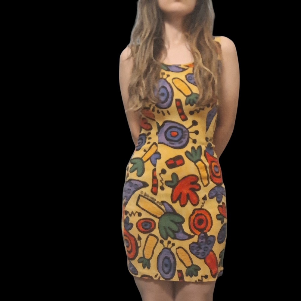 Vintage 90s Big Hed Designs Pop Art Abstract Mini Dress Small